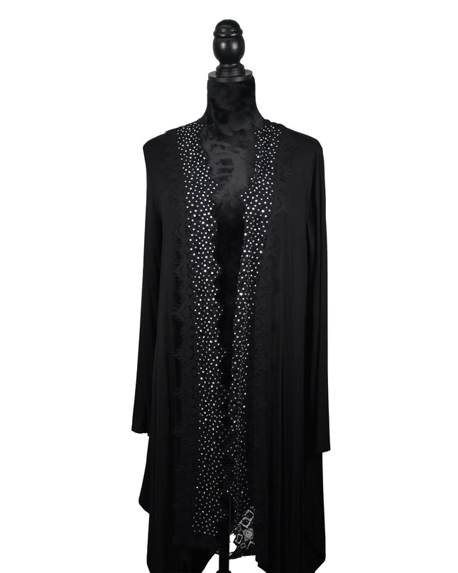 Long Black Cardigan with Rhinestone Trim & Lace Detail