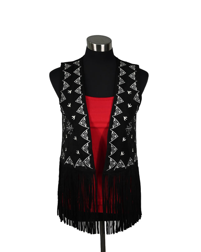 Black Embroidered Fringe Vest