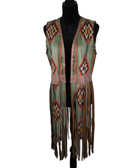 Long Fringe Aztec Green Vest