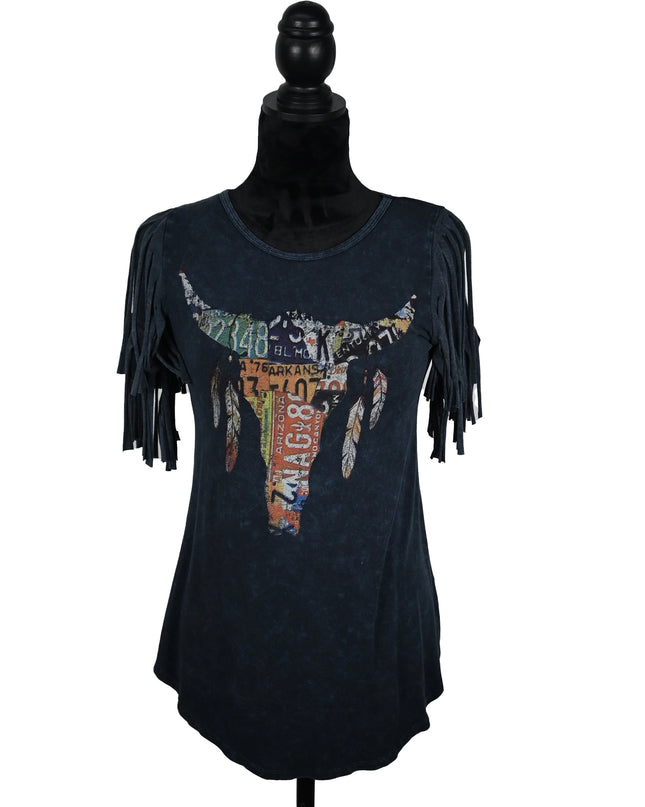 Stone Wash Blue Fringe Tee – License Plate Longhorn