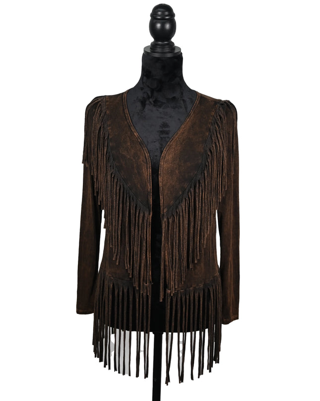 Brown Suede Fringe Jacket with Western V-Detail