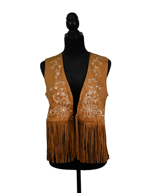 Short Camel Embroidered Fringe Vest