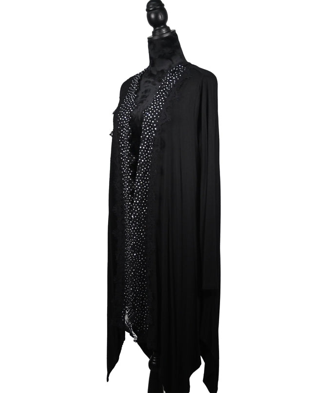 Long Black Cardigan with Rhinestone Trim & Lace Detail
