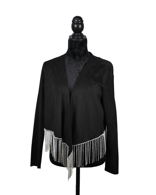 Black Suede Fringe Jacket Cross Back