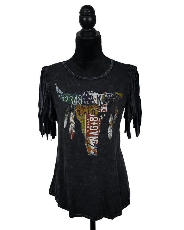 Stone Wash Charcoal Fringe Tee – License Plate Longhorn